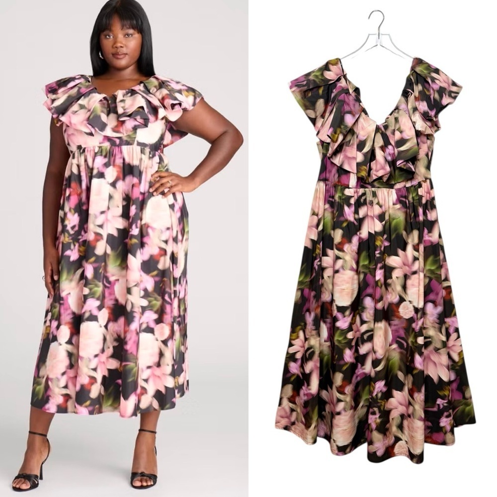 ELOQUII Ruffle Neckline Pink Moody Floral Women’s Midi Dress Sz 16